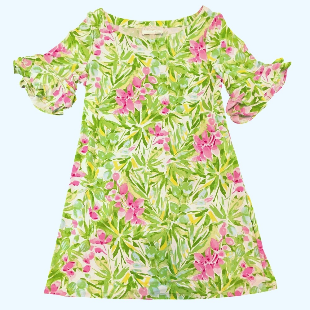 Pappagallo Women Green Pink Floral Ruffle Bell Sleeve Shift‎ Dress 57ZM5KD079 L